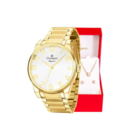 Relógio Feminino Champion Dourado Prova D Agua CN27652W Original Colar e Brincos