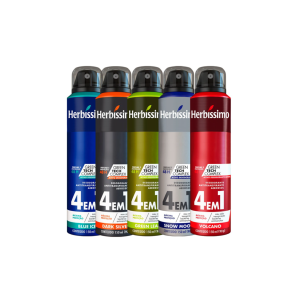 Kit 5 itens - Desodorante Aerosol Antitranspirante Herbíssimo Green + Snow + Volcano + Blue + Dark Silver 150Ml