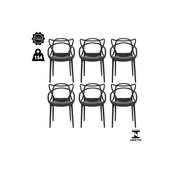 Kit 6 Cadeiras De Jantar Allegra Master Empilhável Polipropileno WAW Design Modelo Allegra Cor Preto
