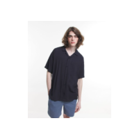 Camisa Relaxed com Lapela na Gola e Textura Rústica Azul Escuro