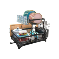 Escorredor de Louças, Organização de Cozinha 2 Camadas, Inox Escorredor de louça com Bandeja, Suspenso Modular Porta Talheres, Destacável Suporte de Copos, Cozinha Bancada Pia Preto