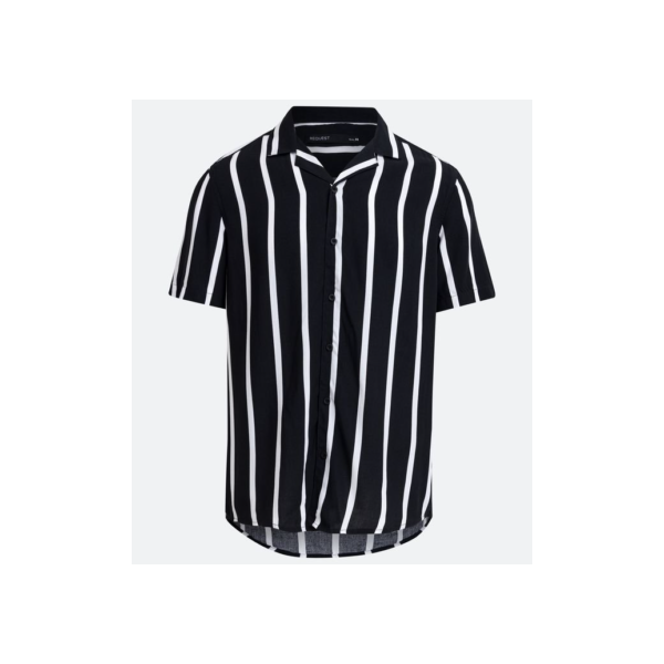 Camisa Slim em Viscose com Listras e Manga Curta Preto