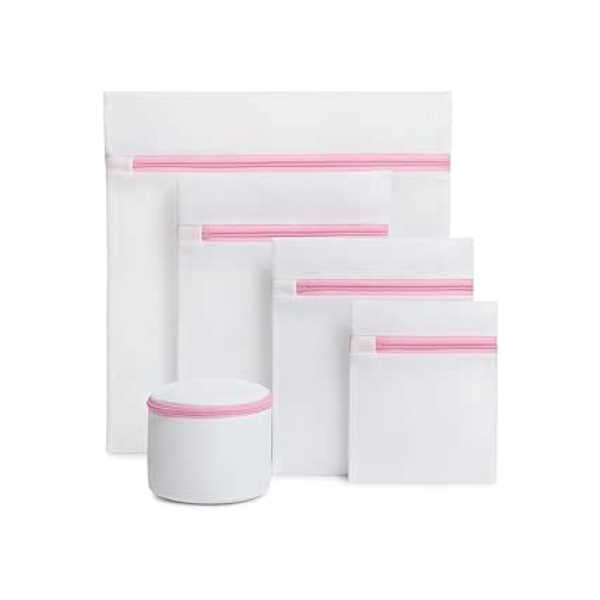 Kit 5 Sacos de Lavar Roupas Delicadas Máquina de Lavar Roupa Cinco Tamanhos Diferentes com Cestinho Proteção para Lingeries Peças Finas Fechamento com Zíper Organizador e Protetor