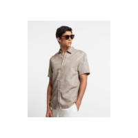 Camisa Manga Curta em Voal Estampa Floral Efeito Linho Bege