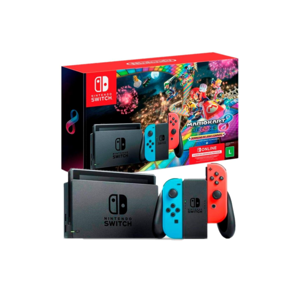 Console Nintendo Switch + Joy-Con Neon + Mario Kart 8 Deluxe + 3 Meses de Assinatura Nintendo Switch Online, Azul e Vermelho - HBDSKABL2