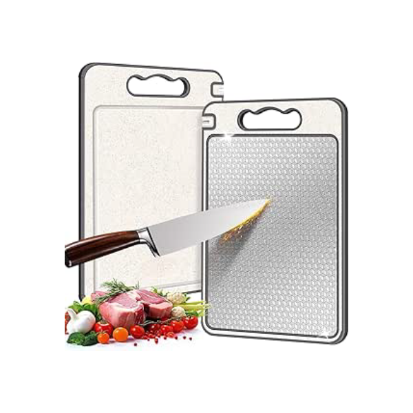 LUMAI Tábua de Corte para Cozinha Dupla Face Aço Inoxidável e PP, Superfície Higiênica para Carnes, Frutas e Vegetais, Afiador Integrado, Canaletas Antirrespingo, Base Antiderrapante e Alça Ergonômica