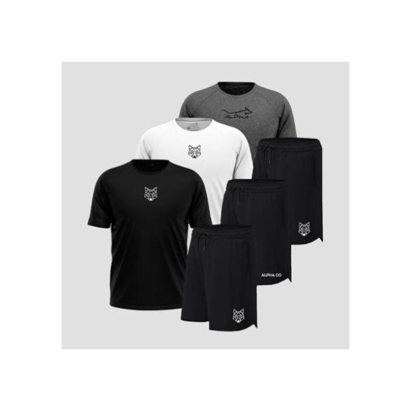 Kit 6 Peças Dry 3 Camisetas e 3 Bermudas Alpha Co - Branco+Preto