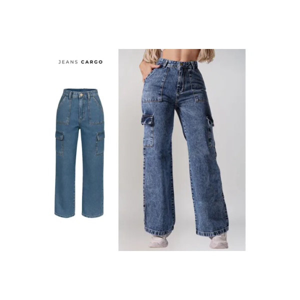 Calça Cargo Bolso Lateral Pantalona Cintura Alta Jeans 100%
