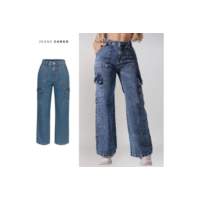 Calça Cargo Bolso Lateral Pantalona Cintura Alta Jeans 100%