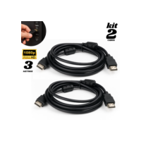 Kit Com 2 Cabo HDMI 3 Metros Full HD 1.4 Preto Transmissão Imagem Vídeo Game Televisão Computador Projetor
