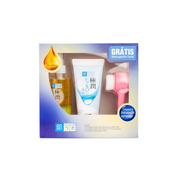 Kit Dupla Limpeza com Massageador Facial - Hada Labo® Cleansing Oil 200ml + Gokujyun Face wash 100g Limpeza Facial Profunda e Gentil - Remove Maquiagem e Hidrata a pele