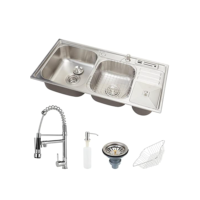 Pingoo.casa Kit Cuba para Cozinha Pia Dupla Nukini em Aço Inox 201 com Acessórios e Lixeira e Torneira Gourmet Misturador Monocomando Munim em Metal