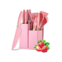 Utensilios para Cozinha Silicone Kit com 19 Peças Cabo Madeira Conjunto Completo Espátula Concha Colher Jogo Suporte Faca Antiaderente Tabua Tesoura Faqueiro (ROSA)