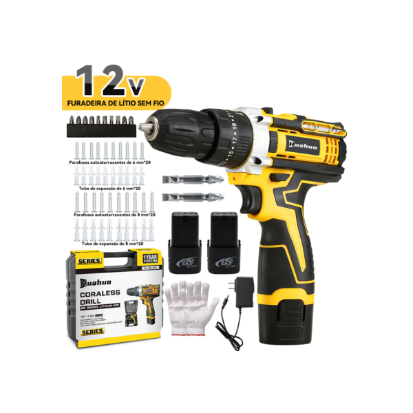 600W Furadeira Parafusadeira 1 Baterias 12V Sem Fio Impacto Com Maleta Completo Broca Bits Maleta (220V/110V).