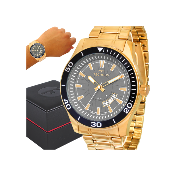Relógio Masculino Technos Dourado Luxo Original Prova Dágua