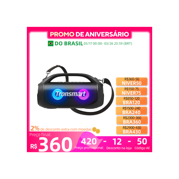 [do Brasil] caixa de som bluetooth portátil potente Tronsmart Bang SE com Bluetooth 5.3, alça portátil, 24 horas de reprodução, para festa, camping