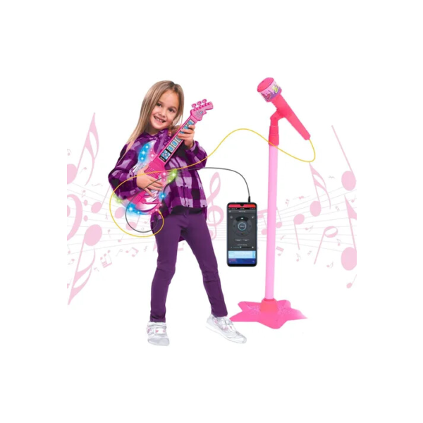 Guitarra E Microfone Infantil Instrumento Brinquedo Musical Cor Rosa Atentu