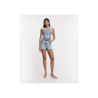 Macacão Curto em Jeans Marmorizado e Botões Frontais Azul