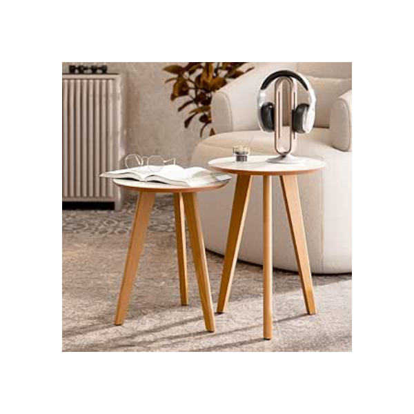 Kit Mesa Apoio e Lateral de Sofá Retrô Classic com 3 Pernas Decoração - Off White/Freijo