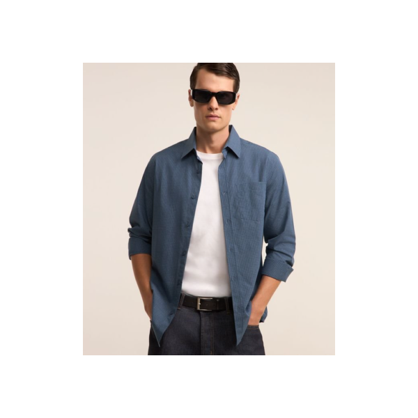 Camisa Comfort em Algodão Xadrez com Manga Longa Azul