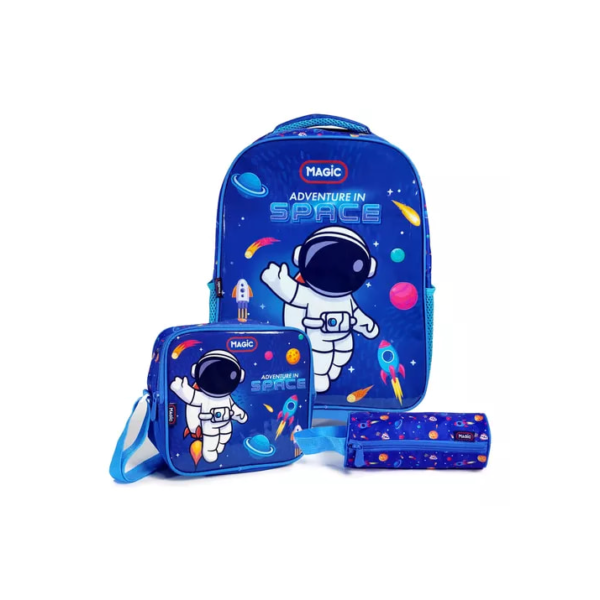 Kit De Mochila Escolar Magic Kids Mochila De Rodinhas Com Estojo E Lancheira Espaço Com Design Astronauta Multicolorido