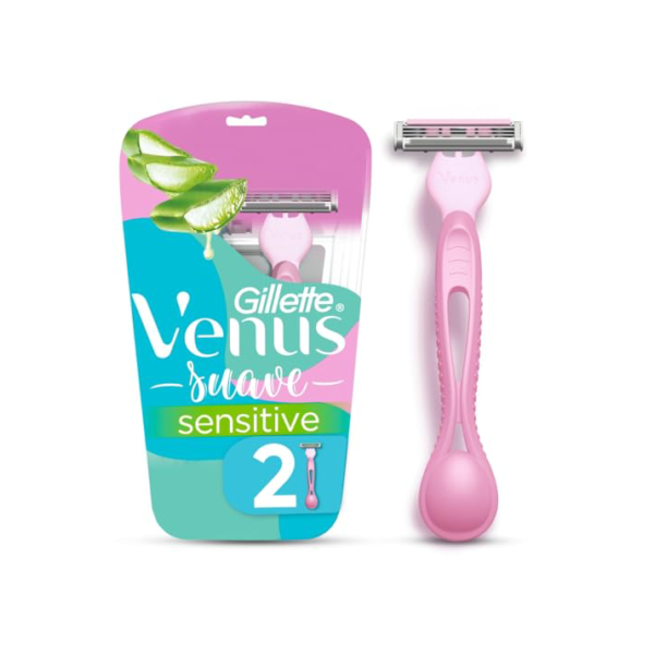 GILLETTE Venus Suave Sensitive, Aparelho de Depilação Feminino, 2 Aparelhos Descartáveis com Skin Elixir, Depilação Corporal para Pele Sensível