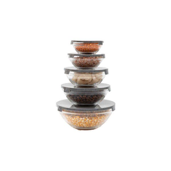 kit 5 potes de vidro com tampa de plástico empilháveis redondos bowls - Tud