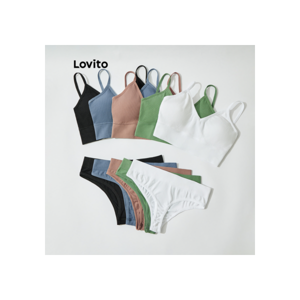Lovito Conjunto de Sutiã e Calcinha Casual Liso Respirável Cobertura Completa Sem Almofadas L31ED001