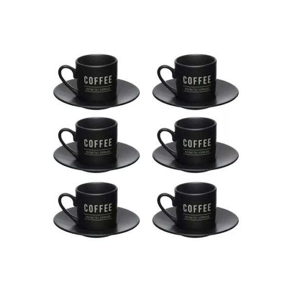 Jogo 6 Xícaras Porcelana Café C/ Pires Manhattan Preta 80ml