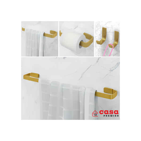 Kit Acessórios Banheiro Conjunto Quadrado 5 Peças Dourado Fosco Dois Cabides Metal