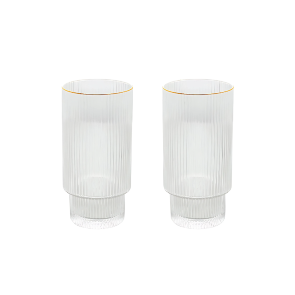 Jogo 2 Copos Altos 400ml Cristal Canelado Suco Água Borda Dourada Fio De Ouro Lines Wolff