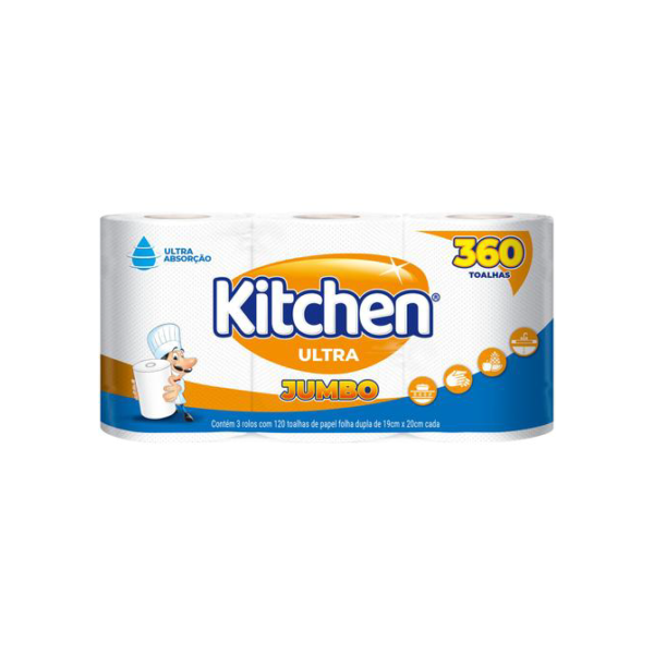 Papel Toalha Folha Dupla Jumbo Kitchen - 3 Rolos 360 Folhas