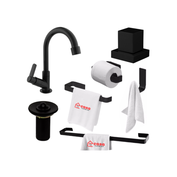 Kit de Acessórios Banheiro Preto Fosco com Torneira Abs Válvula Pia e Acabamento Registro Padrão Deca