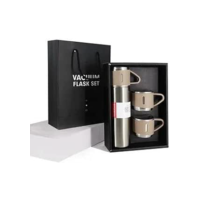Kit Garrafa Termica Inox Isolada a Vacuo Parede Dupla Com Tampa Caneca e 2 Canecas 500ML Para Quente Gelado (Kit Prata)