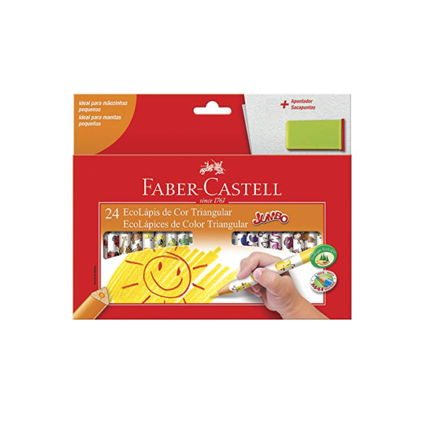 Lápis de Cor, Faber-Castell, Ecolápis Triangular Jumbo + Apontador com Depósito, 12.3024AP, 24 Cores