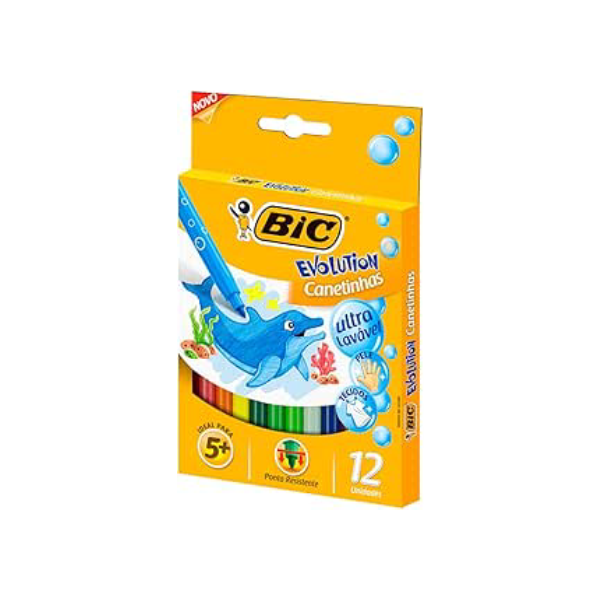 Canetinha Hidrográfica BIC Evolution, c/ 12 Cores, Ultra Lavável, Ponta Resistente, 940599, 1 Unidade
