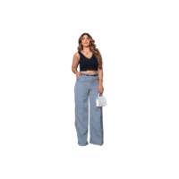 Calça Feminina Alfaiataria Com Cinto Bolsos Pantalona Social