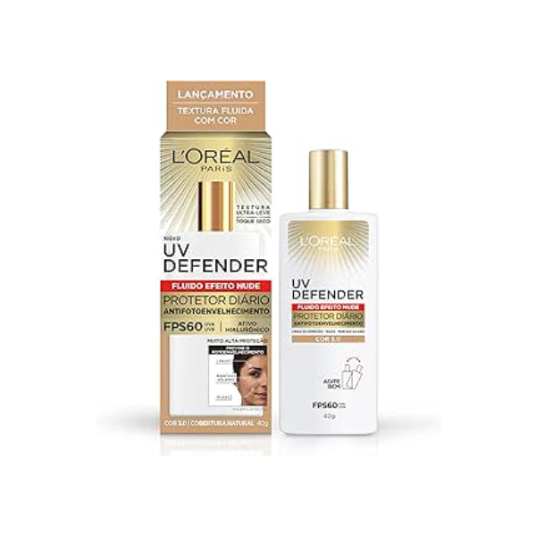 Protetor Solar Facial L'Oréal Paris UV Defender Fluido FPS 60 Cor Média 3.0, 40g