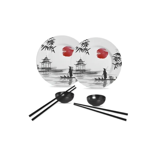 Kit Colecionável 6 Peças Com Mini Molheira Cerâmica Branco/preto Japanese - Alleanza