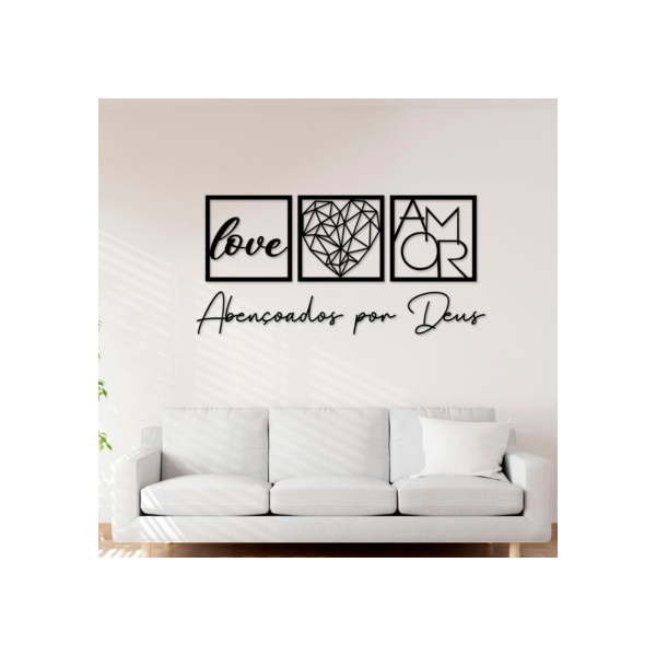 Quadros Decorativos Abençoados por Deus Love e Coração Geométrico Amor para Quarto Sala mdf Preto