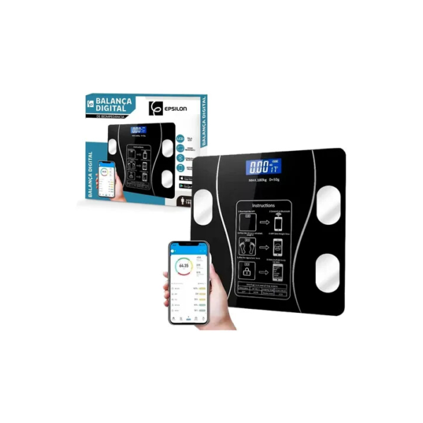 Balança Bioimpedância Digital Preta 180kg App Gratuito P/ Android E Para Ios Bioimpedancia Inbody Pediatrica Profissional Academia Nutricionista Balanca Bioimpedancia Corporal Antiderrapante Epsilon