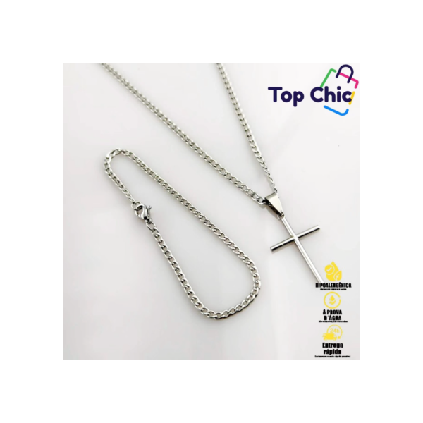 Conjunto elegante de colar e pulseira com corrente de prata e pingente de cruz de ouro