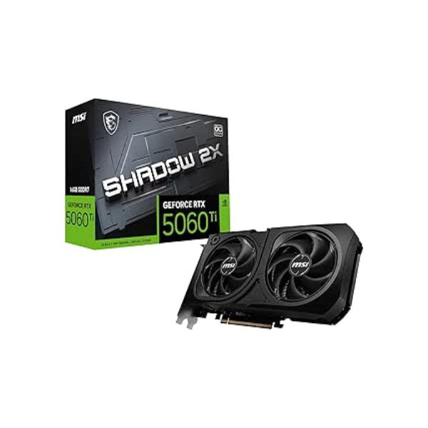 MSI Placa gráfica GeForce RTX 5060 Ti 16G SHADOW 2X OC PLUS - GPU RTX 5060 Ti, 16GB GDDR7 (28Gbps/128-bit), PCIe 5.0 - Design térmico de ventilador duplo (2 x ventoinhas STORMFORCE) - HDMI 2.1b