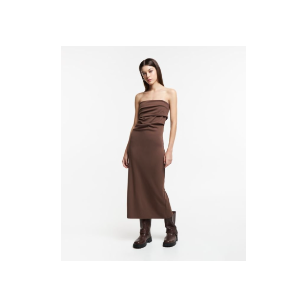 Vestido New Midi em Ponto Roma com Busto Sobreposto e Drapeado Lateral Marrom