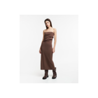 Vestido New Midi em Ponto Roma com Busto Sobreposto e Drapeado Lateral Marrom