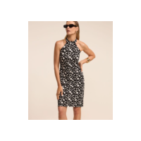 Vestido Curto Sem Manga em Crepe com Estampa Abstrata Preto