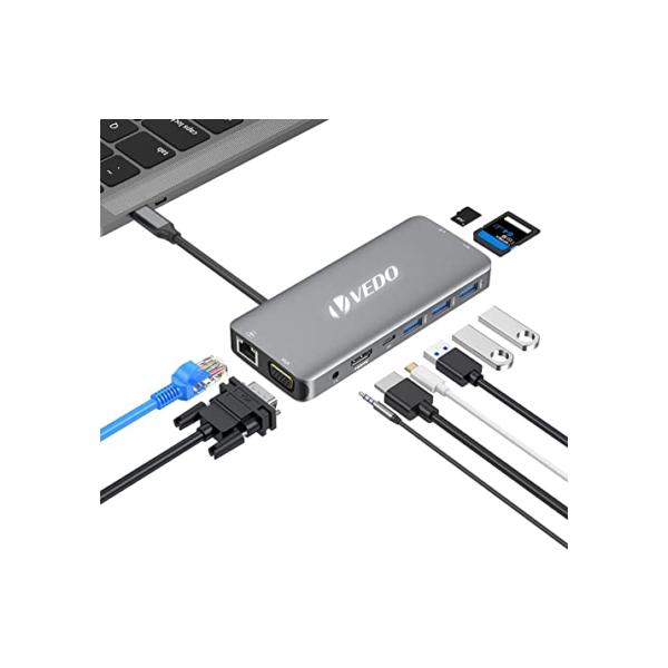 VEDO Adaptador USB C Hub Multiport - Dongle portátil 10 em 1 com HDMI 4K, VGA, Ethernet, 3 portas USB, áudio, carregador PD, leitor de cartões SD/Micro SD