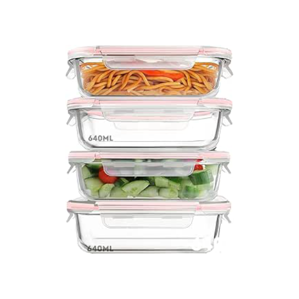 KIT 4 Potes de Vidro Retangular com Tampa Hermética 640ml (Transparente)