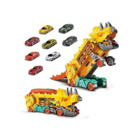 Caminhão Transportador Dinossauro T-Rex: Brinquedo Infantil com Pista de Corrida e Carrinhos (Amarelo)