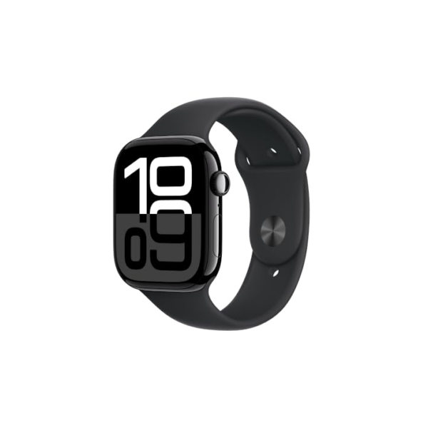 Apple Watch Series 10 GPS + Cellular • Caixa preta brilhante de alumínio – 46 mm • Pulseira esportiva preta – M/G